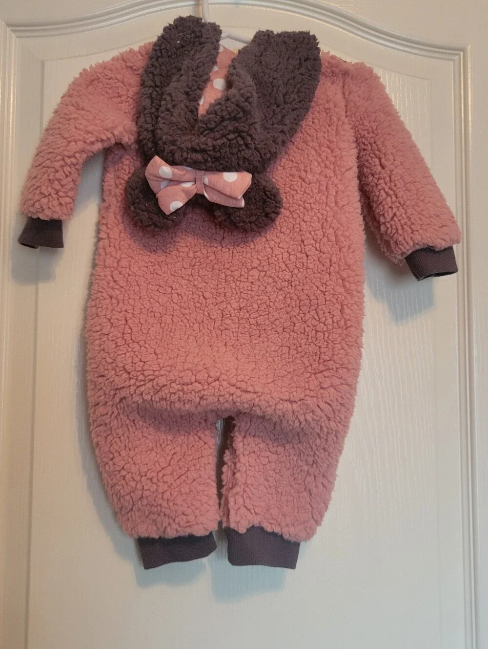 Disney One Piece Minnie Pink Plush Sherpa Jumpsuit with Hood & Gray Trim 6-9 mos